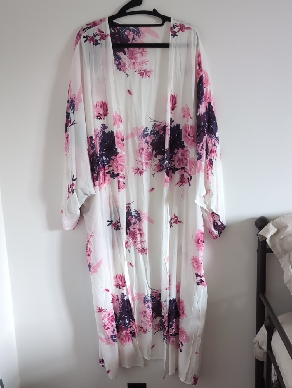 Women's Floral Kimono Duster - White with Pink & Purple Floral